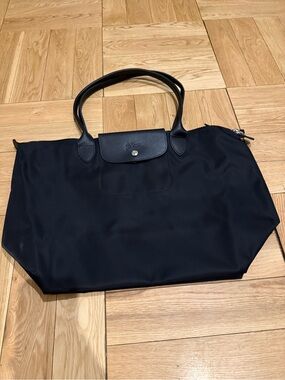 Longchamp Black Nylon Le Pliage Tote with Leather Trim